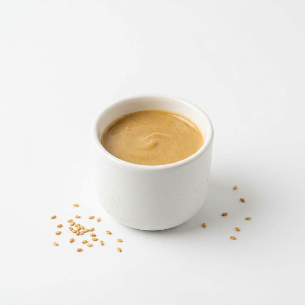 A white ceramic cup filled with smooth peanut butter, photographed on a clean white background with a few sesame seeds scattered nearby.